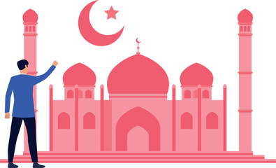 Boy is pointing at the crescent above the mosque.