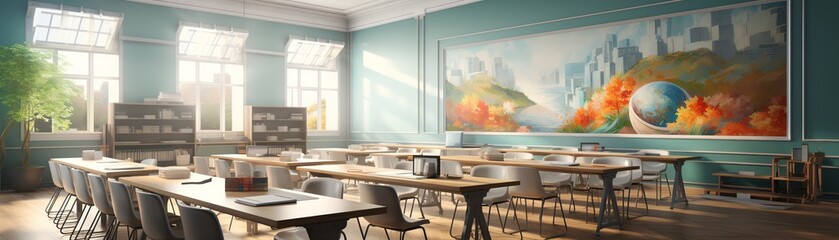 Fototapeta premium Classroom interior with large painting, wooden tables and chairs, and windows with natural light.