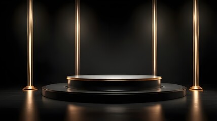 A luxurious black empty podium with a glossy finish, highlighted by spotlights and set against a dark velvet backdrop. generative ai