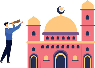 The boy is looking at minaret of mosque through spyglass.