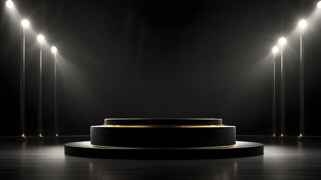A luxurious black empty podium with a glossy finish, highlighted by spotlights and set against a dark velvet backdrop. generative ai
