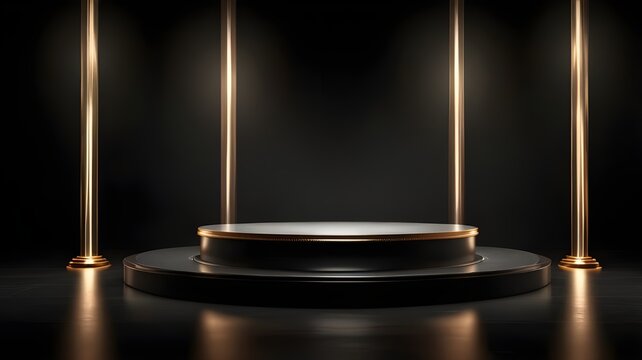 A luxurious black empty podium with a glossy finish, highlighted by spotlights and set against a dark velvet backdrop. generative ai