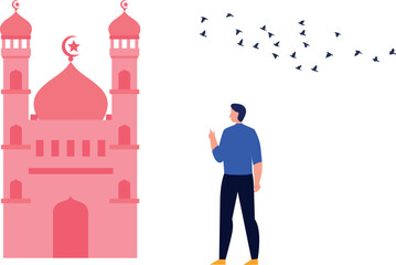 The boy is looking at the mosque.