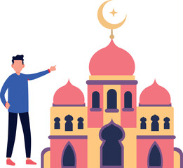 The boy is pointing at the holy mosque.