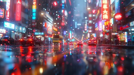 Rainy night in a bustling city with neon lights reflecting on the wet pavement.