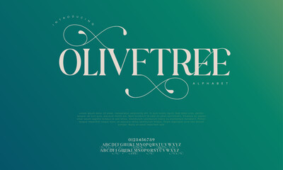 Olivetree premium luxury elegant alphabet letters and numbers. Vintage wedding typography classic serif font decorative vintage retro. creative vector illustration