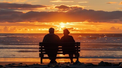 Obraz premium Tranquil Retirement Goals - Happy Couple Admiring Sunset on Beach with Inspirational Text Space, Hopeful Atmosphere