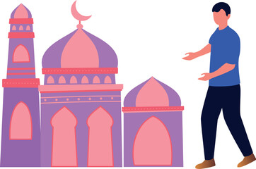 The man is showing the minaret of the mosque.