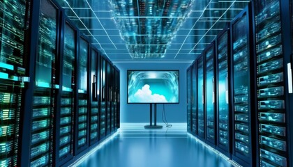 Fototapeta premium An impressive image of a high-tech data center with rows of servers and a large screen displaying a cloud interface. The sleek design and advanced technology highlight themes of data management, cloud