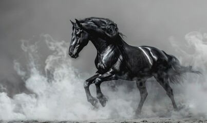 Beautiful shiny black horse rearing up on hind legs in smoke against gray background