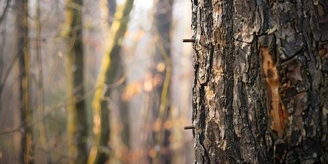Obraz premium Trail markers on a tree, close-up with detailed bark texture, muted forest colors, soft morning light. 