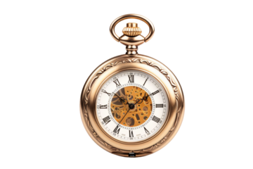 Timeless Elegance: A Gold Pocket Watch on a White or Clear Surface PNG Transparent Background..