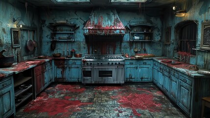 A bloody and unsettling kitchen, covered in blood stains and splatters.
