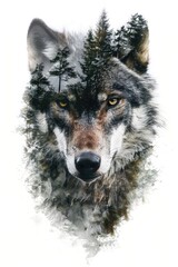 Fototapeta premium Majestic Double Exposure Wolf Portrait with Forest Landscape