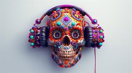 A highly stylized skull with vibrant, ornate decorations and sleek, modern headphones, captured from above, set against a bright white background, digital art with 3D effects