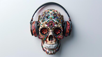A highly stylized skull with vibrant, ornate decorations and sleek, modern headphones, captured...