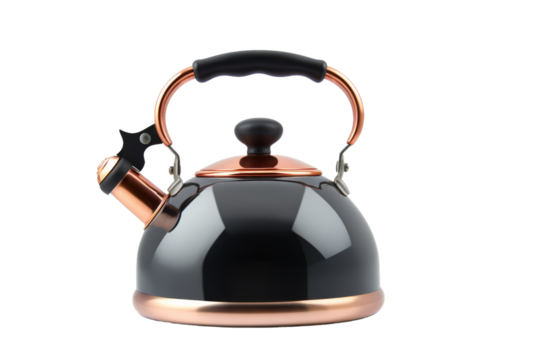 Mystical Black and Copper Tea Kettle Emanating Elegance on a White or Clear Surface PNG Transparent Background..