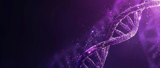 Close-up of a DNA double helix structure, illuminated in purple, representing genetic research, biotechnology, and molecular biology.