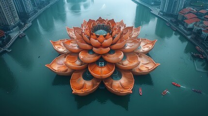 Shanghai, China - January 11, 2018: Aerial view of the flower-shaped Crowne Plaza Shanghai Harbour City, located near Dishui Lake in Shanghai Pudong District 