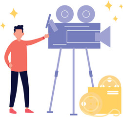 Boy pointing at movie camera.