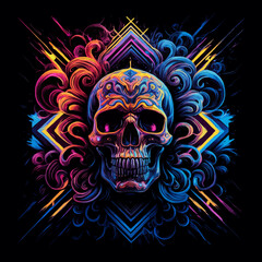 Vector psychedelic  vibrant skull t shirt design