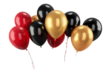 gold black and red balloons isolated on transparent background