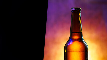 Close-up of a cold beer bottle , copy space