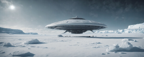 Obraz premium Ufo Spaceship landed on snowy landscape. Highly detailed and realistic illustration