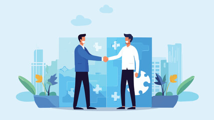 Partnership, teamwork or collaboration to success, solve jigsaw puzzle together, agreement or solution to win corporate trust, cooperation concept, vector