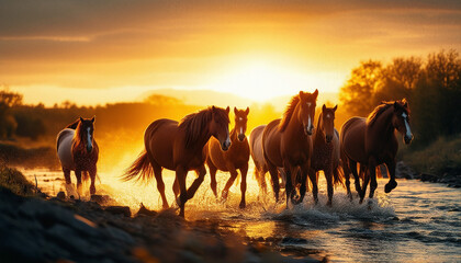 Fototapeta premium A wild herd of natural horses crossing the river, golden hour 