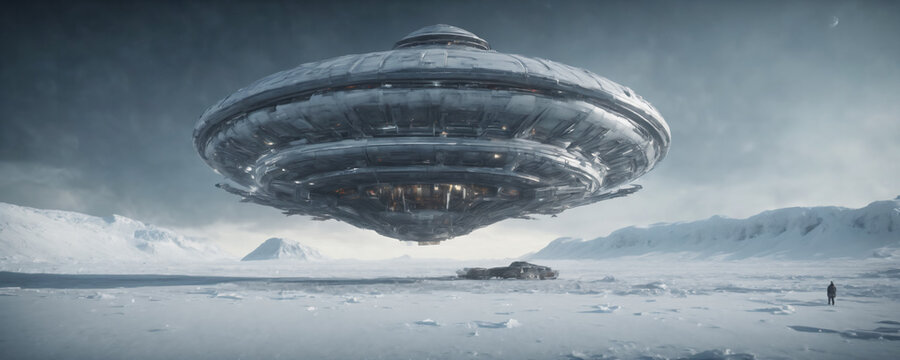 Ufo Spaceship landed on snowy landscape. Highly detailed and realistic illustration