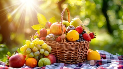 A wicker basket overflowing with fresh fruits, placed on a checkered picnic cloth, outdoor setting, sunny day, high definition, great for picnic and outdoor activity advertisements