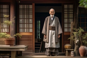 Content elderly man in a kimono standing at the entrance of a classic japanese house - Powered by Adobe