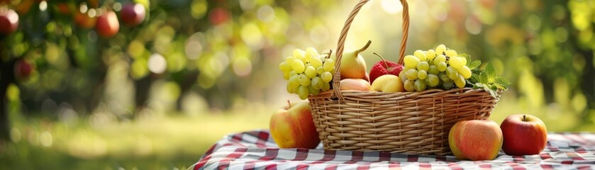 A wicker basket overflowing with fresh fruits, placed on a checkered picnic cloth, outdoor setting, sunny day, high definition, great for picnic and outdoor activity advertisements