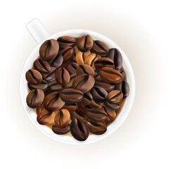 Coffee beans in coffee cup. Vector decoration element.