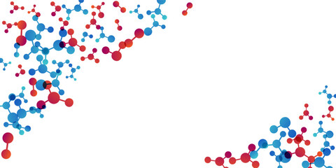 Corners with molecules, data or other tech structure elements. Pharmacy, biotechnology or chemistry design concept. Vector decoration element in red and blue colors