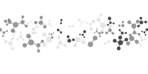 Horizontal border with molecules, data or other tech structure elements. Pharmacy, biotechnology or chemistry design concept. Vector decoration element in gray colors