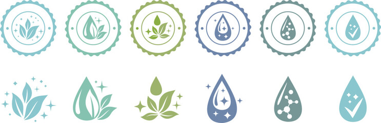 Antibacterial labels set. Vector badges with clean drop with fresh leaves and sparklers for package design.