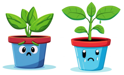 sad comic plant in blue pot, isolated on white or transparent png