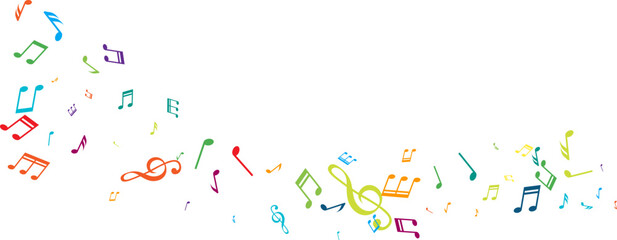Wavy line from flying music notes. Vector decoration element in rainbow colors.