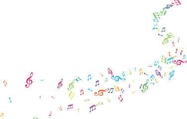 Wavy line from flying music notes. Vector decoration element in rainbow colors.