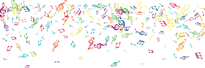 Top border from flying music notes. Vector decoration element in rainbow colors.