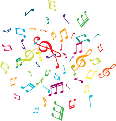 Circle from flying music notes. Vector decoration element in rainbow colors.