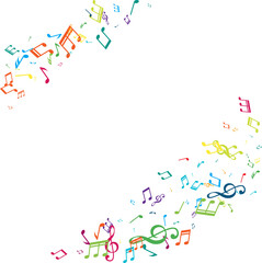 Corner from flying music notes. Vector decoration element in rainbow colors.