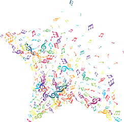 Star shape from flying music notes. Vector decoration element in rainbow colors.