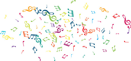 Oval from flying music notes. Vector decoration element in rainbow colors.