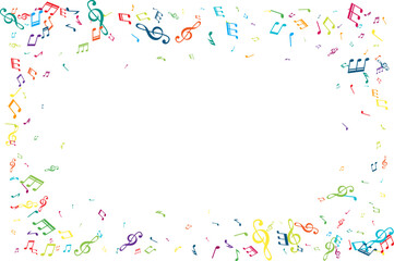 Frame from flying music notes. Vector decoration element in rainbow colors.