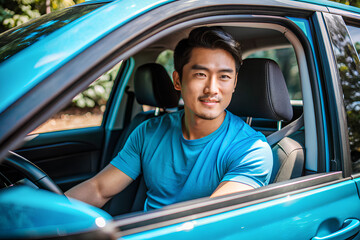Handsome asian man in a T-shirt sits behind the wheel in a car