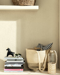 a basket with textiles in the corner of the room