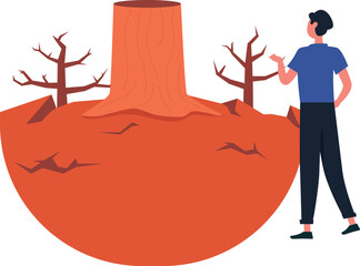 A boy points to global deforestation.